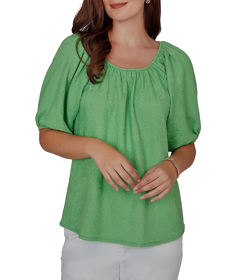 Ruby Rd. Petite Size Textured Jacquard Floral Scoop Neck Elbow Sleeve Top