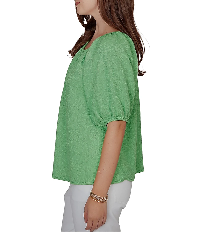 Ruby Rd. Petite Size Textured Jacquard Floral Scoop Neck Elbow Sleeve Top