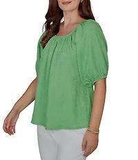 Ruby Rd. Petite Size Textured Jacquard Floral Scoop Neck Elbow Sleeve Top