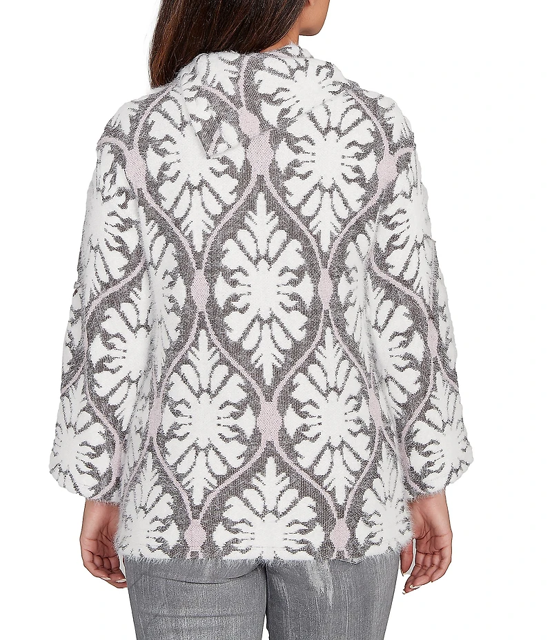 Ruby Rd. Petite Size Textured Jacquard Knit Medallion Cowl Neck Bracelet Length Sleeve Sweater