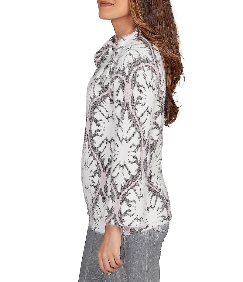 Ruby Rd. Petite Size Textured Jacquard Knit Medallion Cowl Neck Bracelet Length Sleeve Sweater