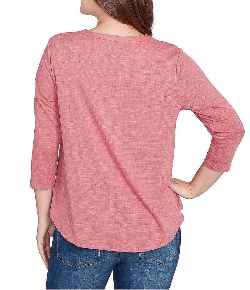 Ruby Rd. Petite Size Textured Knit Split V-Neck 3/4 Sleeve Top