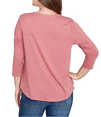 Ruby Rd. Petite Size Textured Knit Split V-Neck 3/4 Sleeve Top
