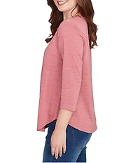 Ruby Rd. Petite Size Textured Knit Split V-Neck 3/4 Sleeve Top