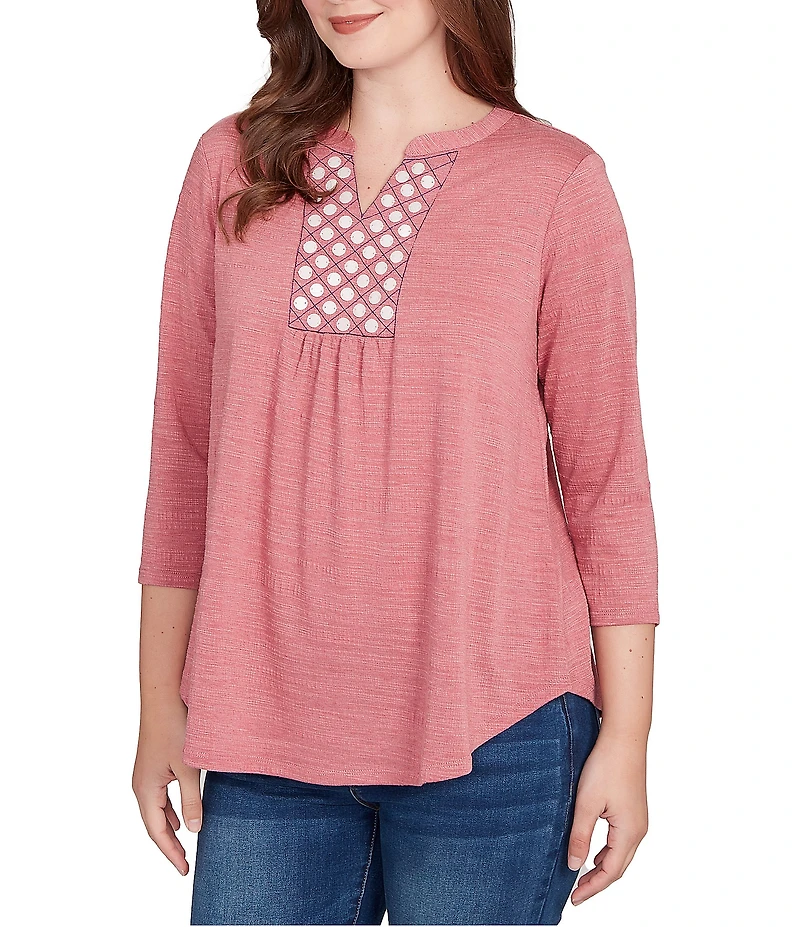 Ruby Rd. Petite Size Textured Knit Split V-Neck 3/4 Sleeve Top