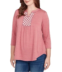 Ruby Rd. Petite Size Textured Knit Split V-Neck 3/4 Sleeve Top