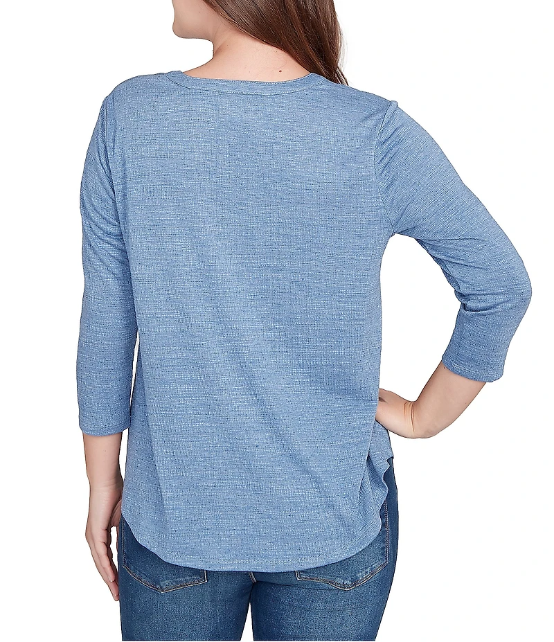 Ruby Rd. Petite Size Textured Knit Split V-Neck 3/4 Sleeve Top