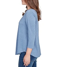 Ruby Rd. Petite Size Textured Knit Split V-Neck 3/4 Sleeve Top