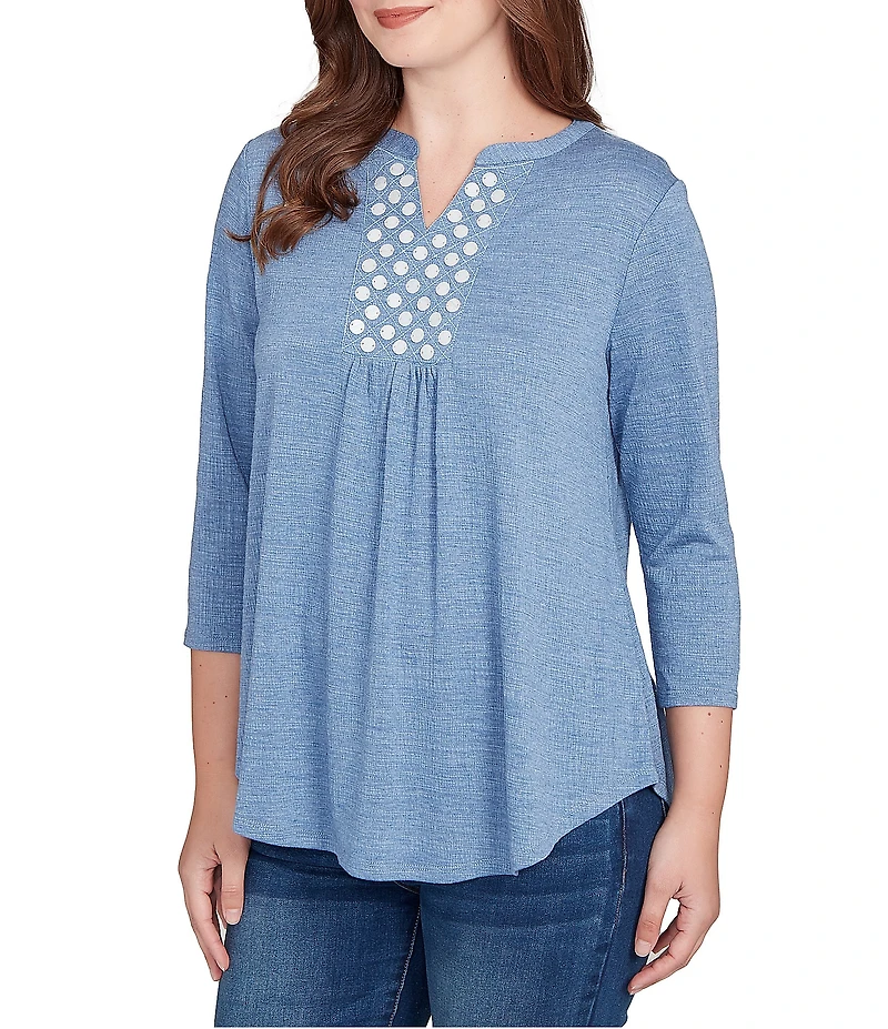 Ruby Rd. Petite Size Textured Knit Split V-Neck 3/4 Sleeve Top