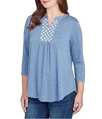 Ruby Rd. Petite Size Textured Knit Split V-Neck 3/4 Sleeve Top