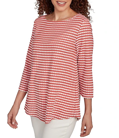 Ruby Rd. Petite Size Textured Knit Stripe Print Square Neck 3/4 Sleeve Top