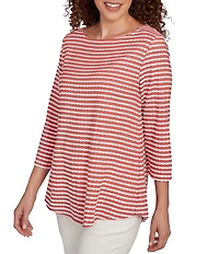 Ruby Rd. Petite Size Textured Knit Stripe Print Square Neck 3/4 Sleeve Top