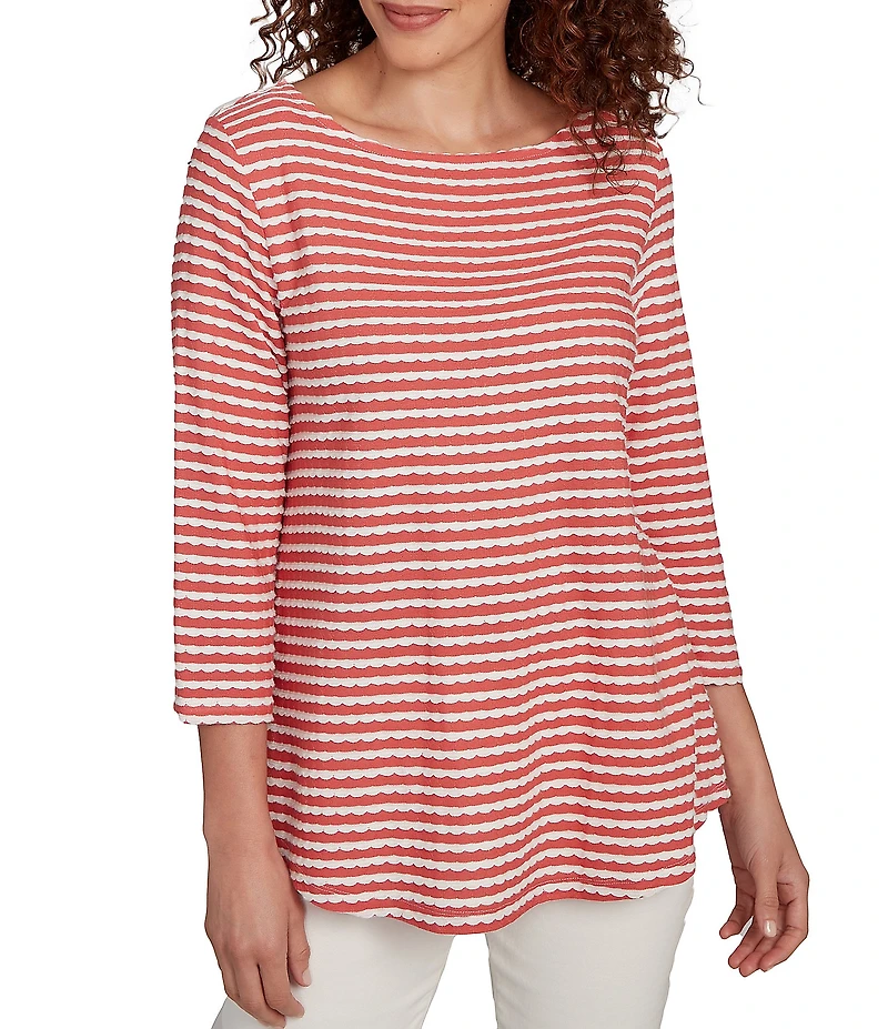 Ruby Rd. Petite Size Textured Knit Stripe Print Square Neck 3/4 Sleeve Top