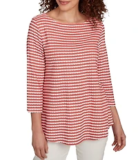 Ruby Rd. Petite Size Textured Knit Stripe Print Square Neck 3/4 Sleeve Top