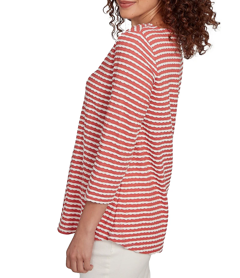 Ruby Rd. Petite Size Textured Knit Stripe Print Square Neck 3/4 Sleeve Top