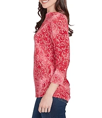 Ruby Rd. Petite Size Textured Knit Tie-Dye Scroll Floral Boat Neck 3/4 Sleeve Top
