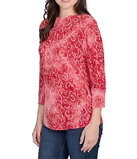 Ruby Rd. Petite Size Textured Knit Tie-Dye Scroll Floral Boat Neck 3/4 Sleeve Top