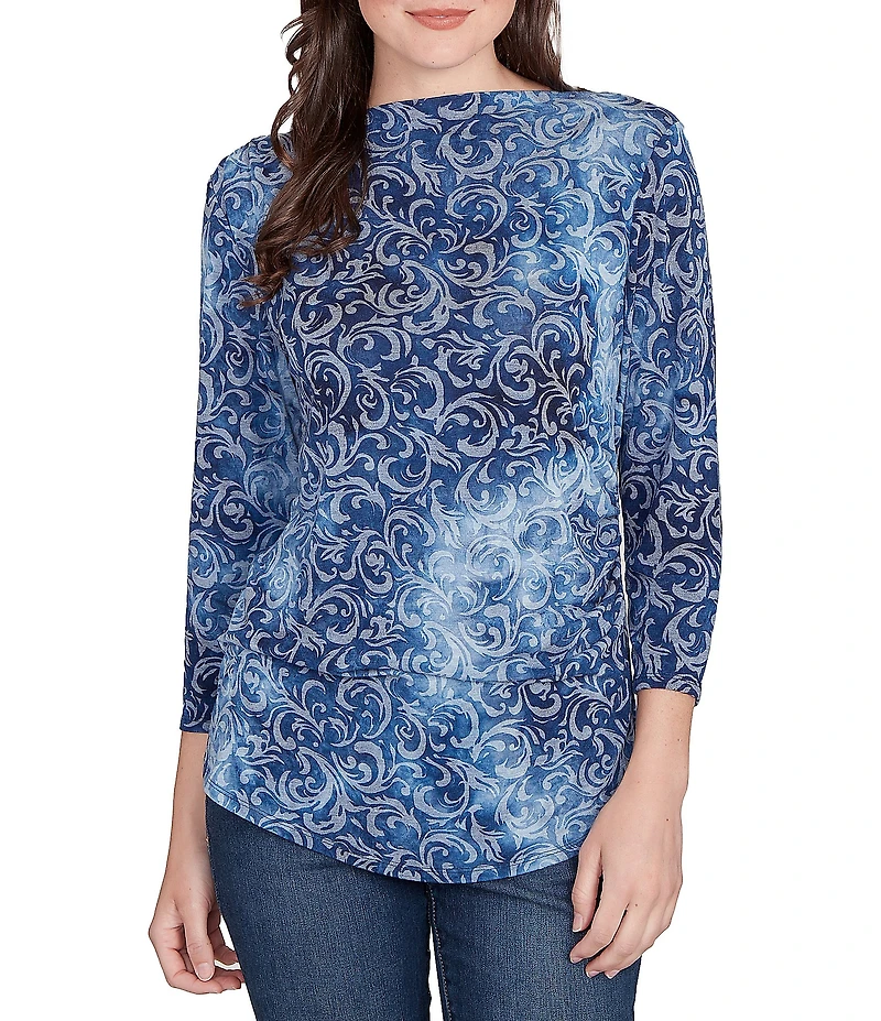 Ruby Rd. Petite Size Textured Knit Tie-Dye Scroll Floral Boat Neck 3/4 Sleeve Top