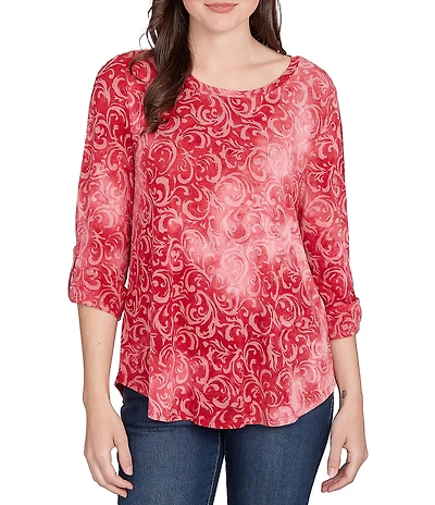 Ruby Rd. Petite Size Textured Knit Tie-Dye Scroll Floral Burnout Boat Neck 3/4 Roll-Tab Sleeve Top