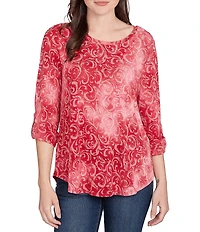 Ruby Rd. Petite Size Textured Knit Tie-Dye Scroll Floral Burnout Boat Neck 3/4 Roll-Tab Sleeve Top