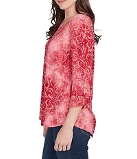 Ruby Rd. Petite Size Textured Knit Tie-Dye Scroll Floral Burnout Boat Neck 3/4 Roll-Tab Sleeve Top