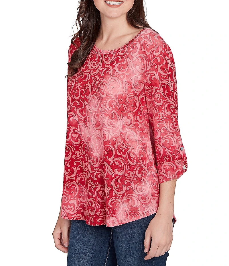 Ruby Rd. Petite Size Textured Knit Tie-Dye Scroll Floral Burnout Boat Neck 3/4 Roll-Tab Sleeve Top