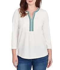 Ruby Rd. Petite Size Textured Slub Knit Split Round V-Neck 3/4 Sleeve Embellished Top