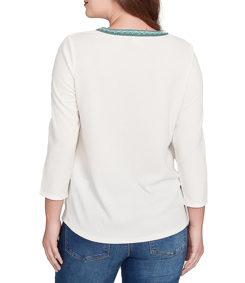 Ruby Rd. Petite Size Textured Slub Knit Split Round V-Neck 3/4 Sleeve Embellished Top