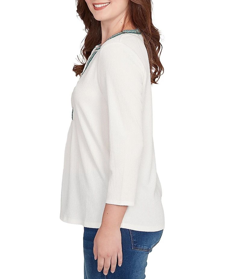 Ruby Rd. Petite Size Textured Slub Knit Split Round V-Neck 3/4 Sleeve Embellished Top