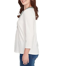 Ruby Rd. Petite Size Textured Slub Knit Split Round V-Neck 3/4 Sleeve Embellished Top