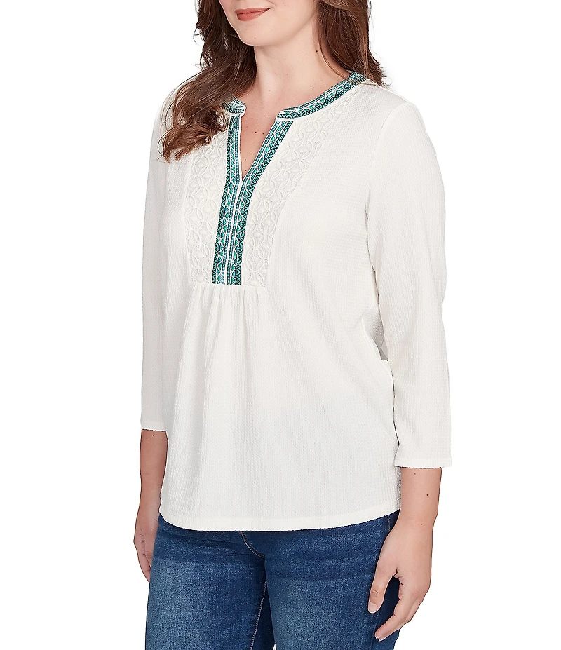 Ruby Rd. Petite Size Textured Slub Knit Split Round V-Neck 3/4 Sleeve Embellished Top