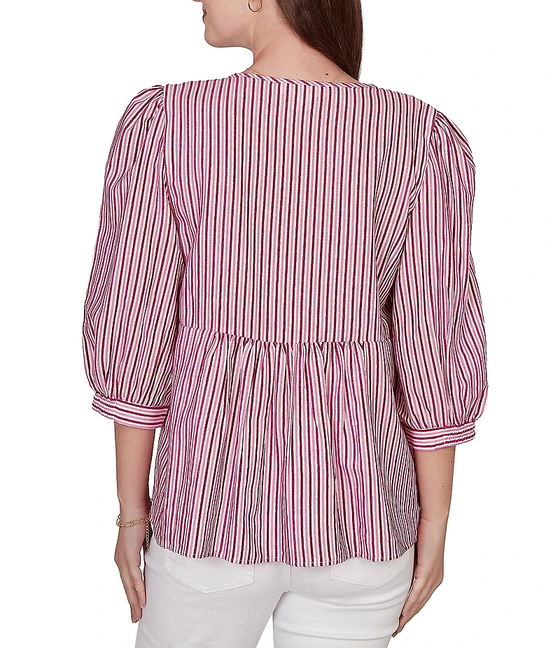 Ruby Rd. Petite Size Textured Yarn-Dyed Stripe Embroidered Split V-Neck 3/4 Sleeve Blouse