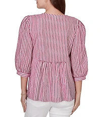 Ruby Rd. Petite Size Textured Yarn-Dyed Stripe Embroidered Split V-Neck 3/4 Sleeve Blouse