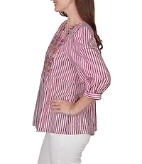 Ruby Rd. Petite Size Textured Yarn-Dyed Stripe Embroidered Split V-Neck 3/4 Sleeve Blouse