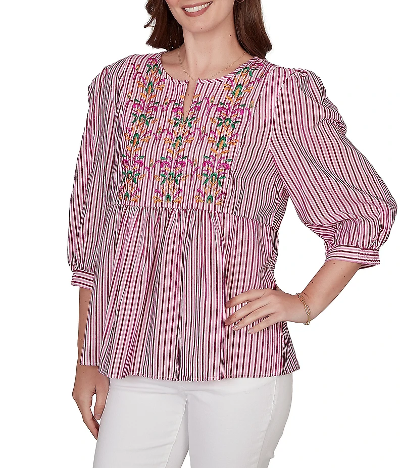 Ruby Rd. Petite Size Textured Yarn-Dyed Stripe Embroidered Split V-Neck 3/4 Sleeve Blouse