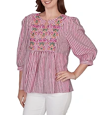 Ruby Rd. Petite Size Textured Yarn-Dyed Stripe Embroidered Split V-Neck 3/4 Sleeve Blouse