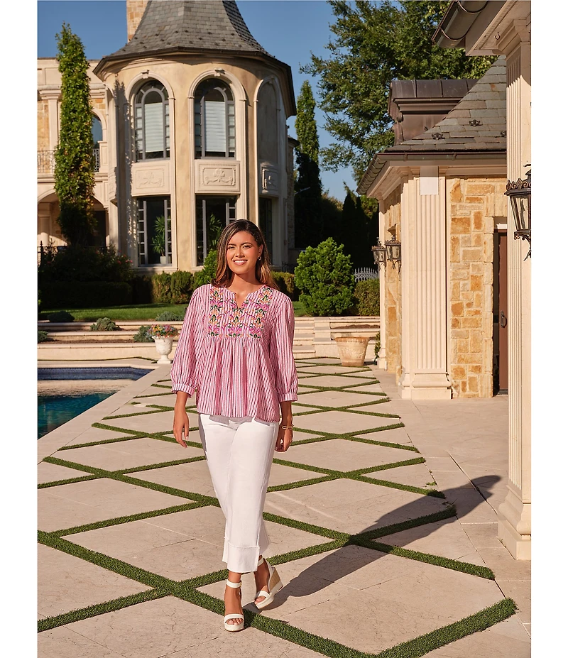 Ruby Rd. Petite Size Textured Yarn-Dyed Stripe Embroidered Split V-Neck 3/4 Sleeve Blouse