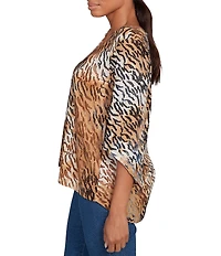 Ruby Rd. Petite Size Tie-Dye Zebra Keyhole Neck 3/4 Bell Sleeve Crossover Hem Jacquard Knit Top