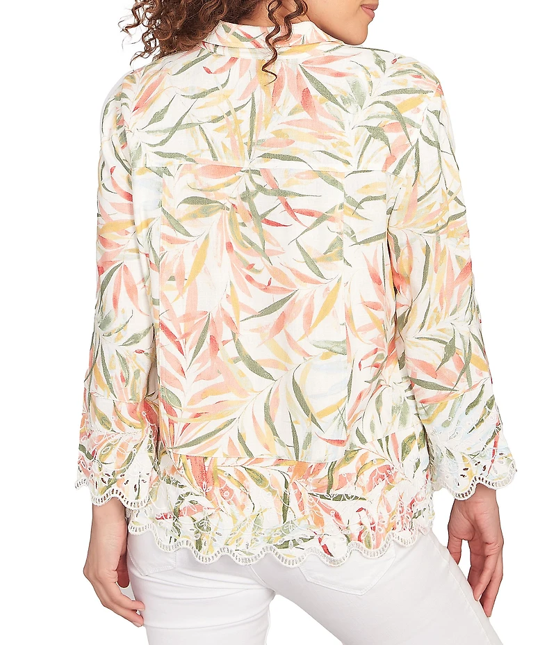 Ruby Rd. Petite Size Coordinating Tropical Fern Print 3/4 Sleeve Lace Embroidered Scallop Edge Button Front Shirt