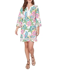 Ruby Rd. Petite Size Tropical Floral Split V-Neck 3/4 Sleeve Shift Dress