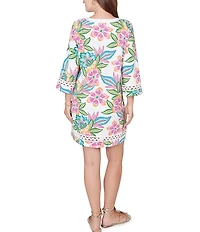 Ruby Rd. Petite Size Tropical Floral Split V-Neck 3/4 Sleeve Shift Dress