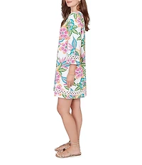 Ruby Rd. Petite Size Tropical Floral Split V-Neck 3/4 Sleeve Shift Dress