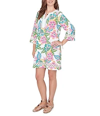Ruby Rd. Petite Size Tropical Floral Split V-Neck 3/4 Sleeve Shift Dress