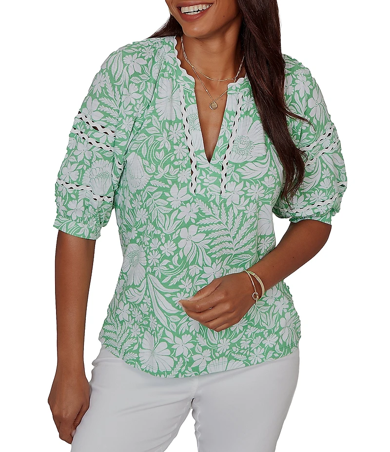 Ruby Rd. Petite Size Tropical Floral Split V-Neck Elbow Sleeve Top