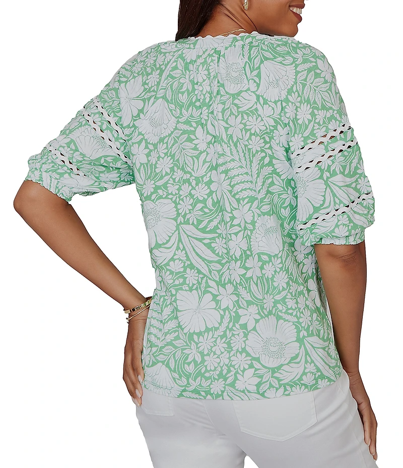 Ruby Rd. Petite Size Tropical Floral Split V-Neck Elbow Sleeve Top