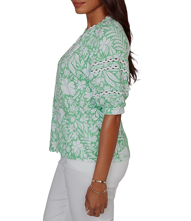 Ruby Rd. Petite Size Tropical Floral Split V-Neck Elbow Sleeve Top