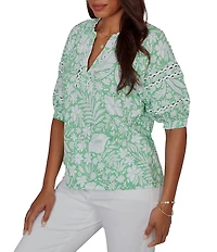 Ruby Rd. Petite Size Tropical Floral Split V-Neck Elbow Sleeve Top