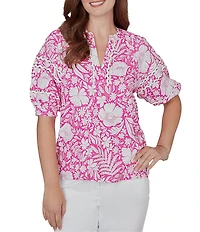Ruby Rd. Petite Size Tropical Floral Split V-Neck Elbow Sleeve Top