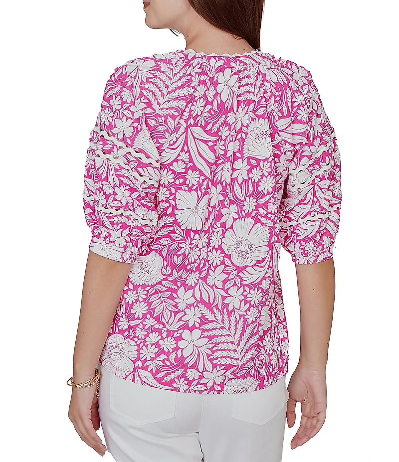 Ruby Rd. Petite Size Tropical Floral Split V-Neck Elbow Sleeve Top