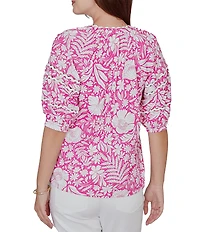 Ruby Rd. Petite Size Tropical Floral Split V-Neck Elbow Sleeve Top